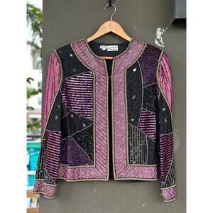 Vintage 1980s Judith Ann Plus 1X Multicolor Beaded Sequins Silk Patchwork Jacket